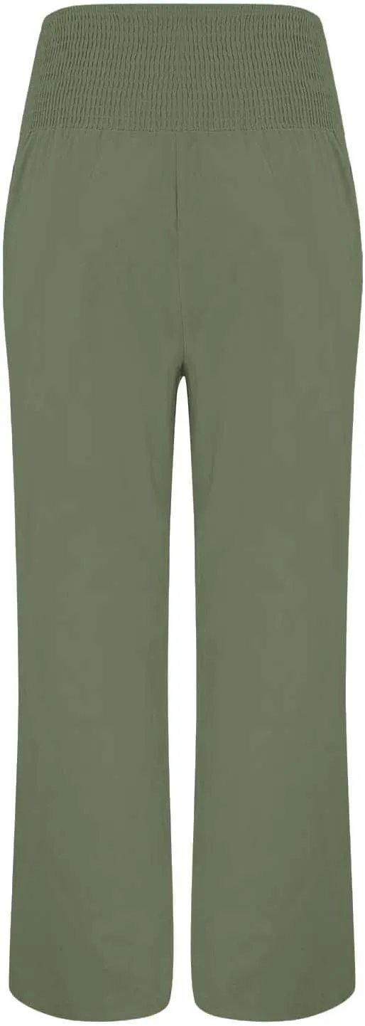 Womens Linen Pants 2025 Summer Trendy Wide Leg High Waist Palazzo Trousers Casual Smocked Flowy Beach Trousers