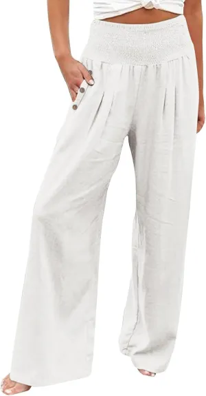 Womens Linen Pants 2025 Summer Trendy Wide Leg High Waist Palazzo Trousers Casual Smocked Flowy Beach Trousers