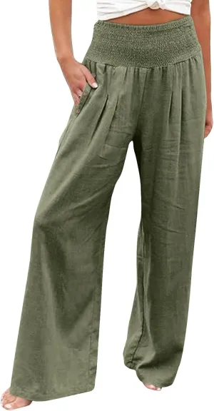 Womens Linen Pants 2025 Summer Trendy Wide Leg High Waist Palazzo Trousers Casual Smocked Flowy Beach Trousers