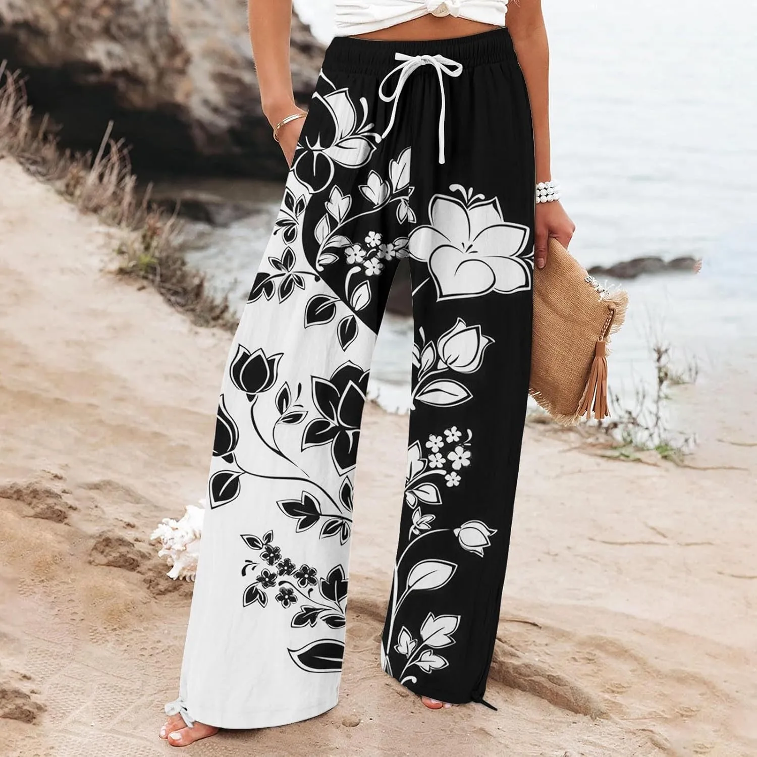 Womens Linen Pants Boho Wide Leg High Waisted Palazzo Retro Printed Pants Summer Flowy Beach Lounge Casual Clothes