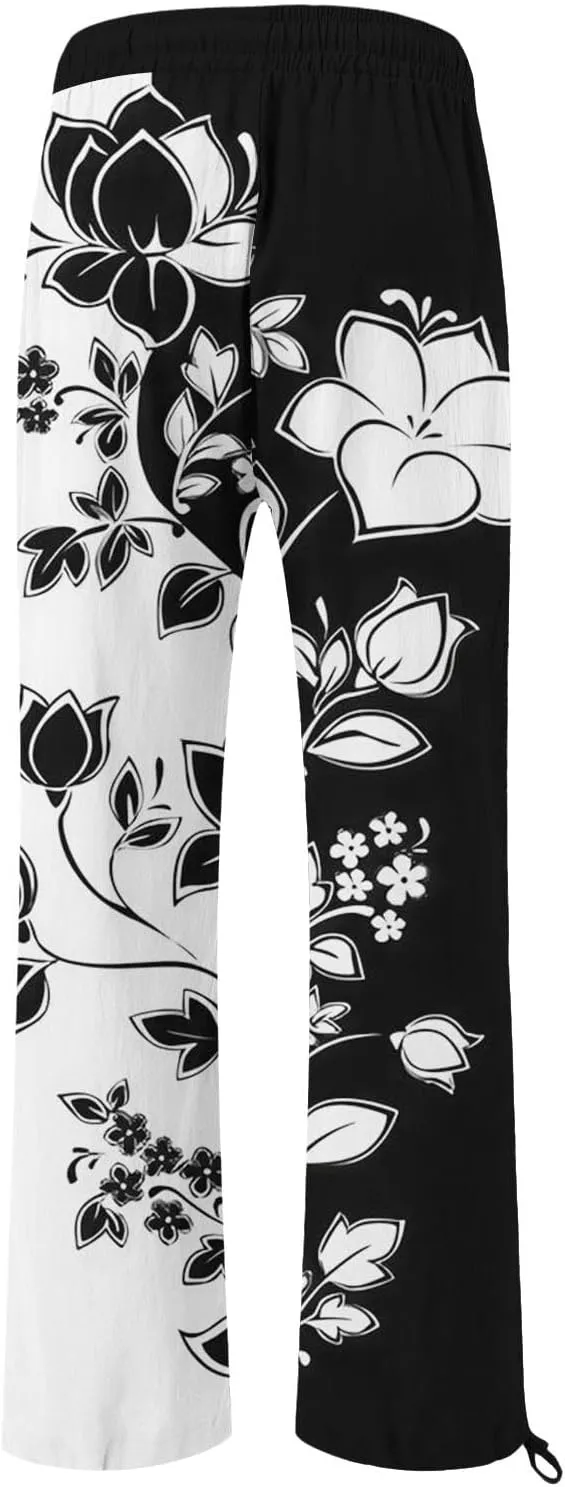 Womens Linen Pants Boho Wide Leg High Waisted Palazzo Retro Printed Pants Summer Flowy Beach Lounge Casual Clothes