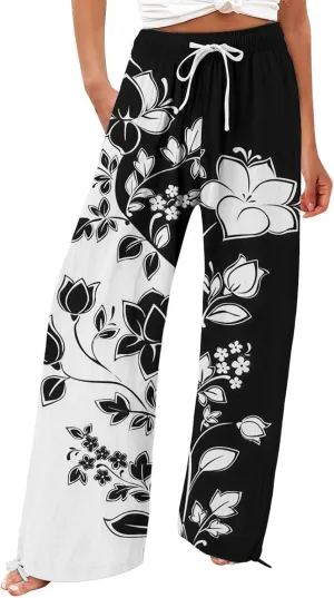 Womens Linen Pants Boho Wide Leg High Waisted Palazzo Retro Printed Pants Summer Flowy Beach Lounge Casual Clothes