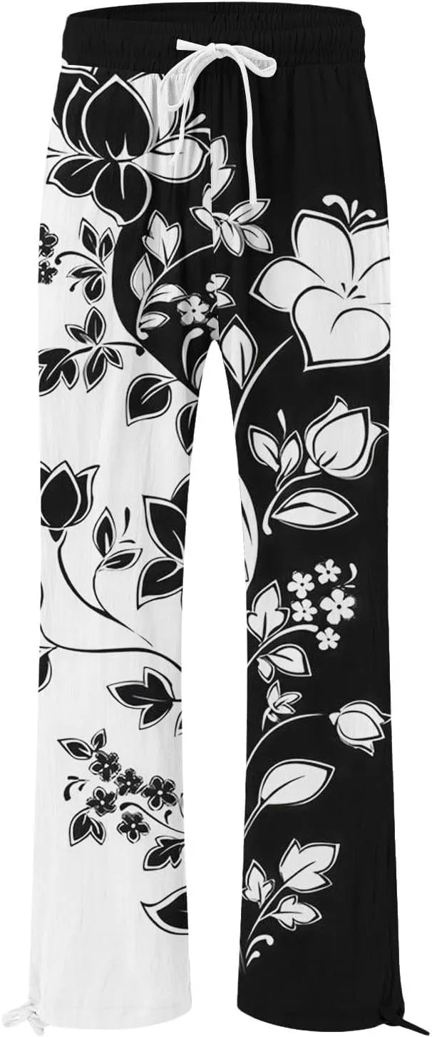Womens Linen Pants Boho Wide Leg High Waisted Palazzo Retro Printed Pants Summer Flowy Beach Lounge Casual Clothes