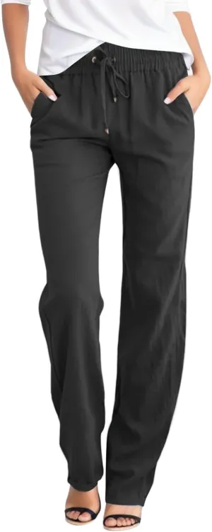 Womens Linen Pants Casual Straight Fit Elastic Waisted Drawsting Trousers Summer Loose Comfy Pants with Pockets
