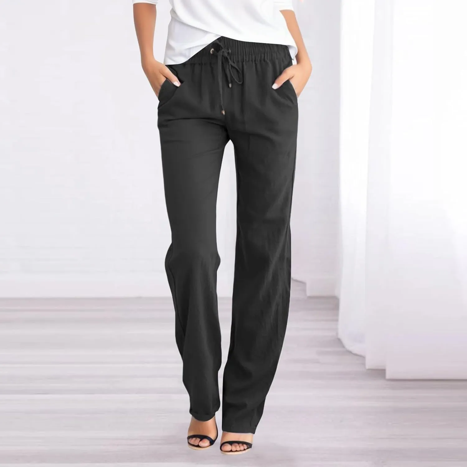 Womens Linen Pants Casual Straight Fit Elastic Waisted Drawsting Trousers Summer Loose Comfy Pants with Pockets