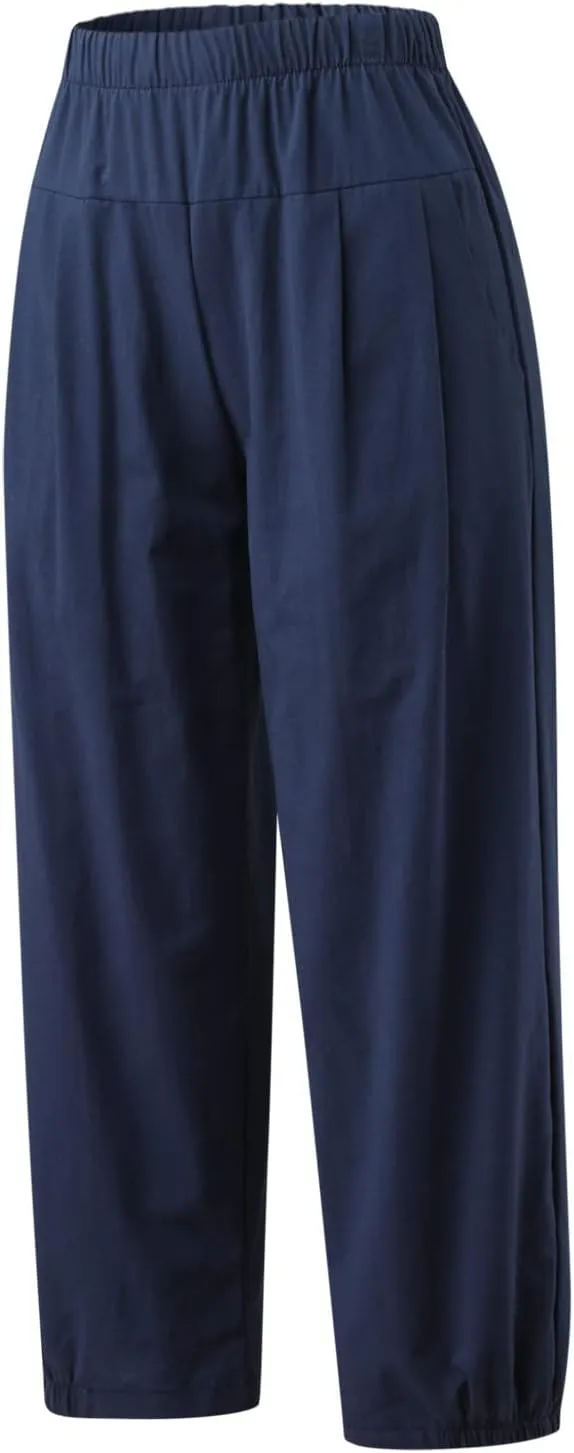 Womens Linen Pants Dressy Casual 2024 Summer Elastic Waist Lounge Trousers Beach Vacation Cropped Pant Outfits
