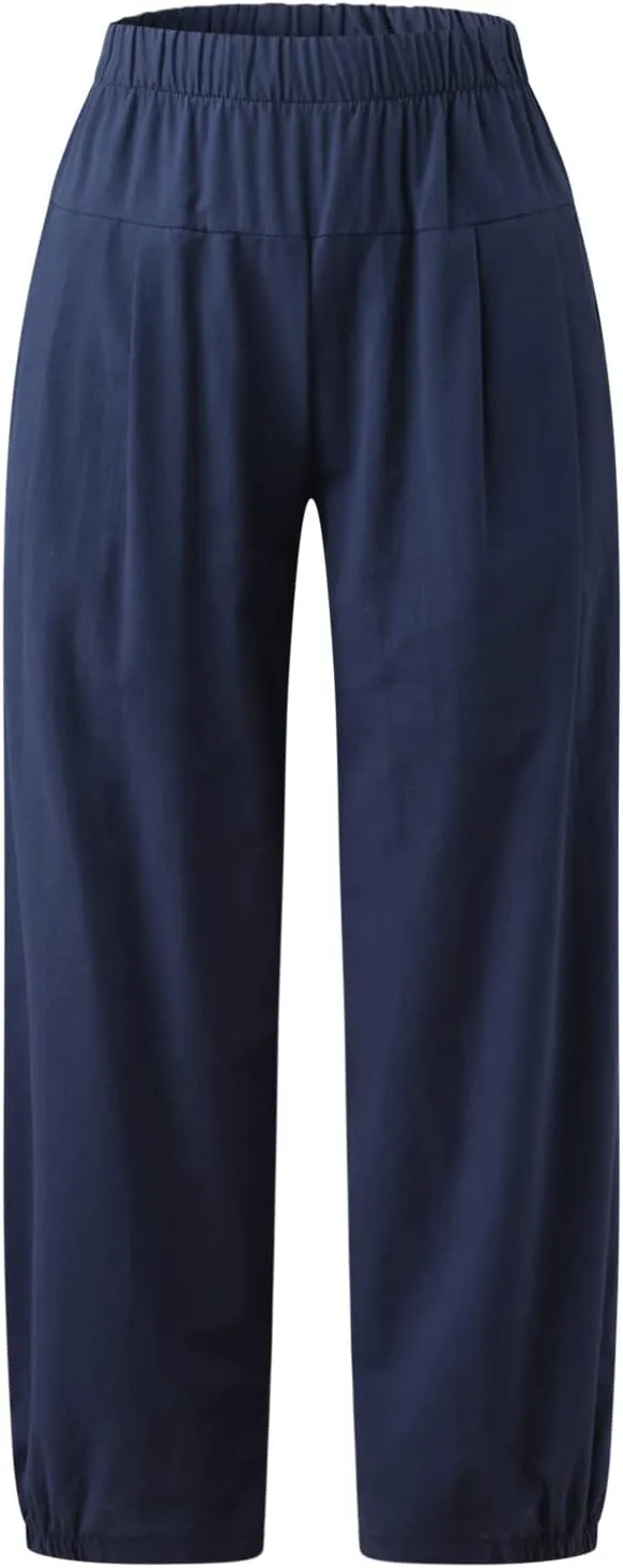 Womens Linen Pants Dressy Casual 2024 Summer Elastic Waist Lounge Trousers Beach Vacation Cropped Pant Outfits