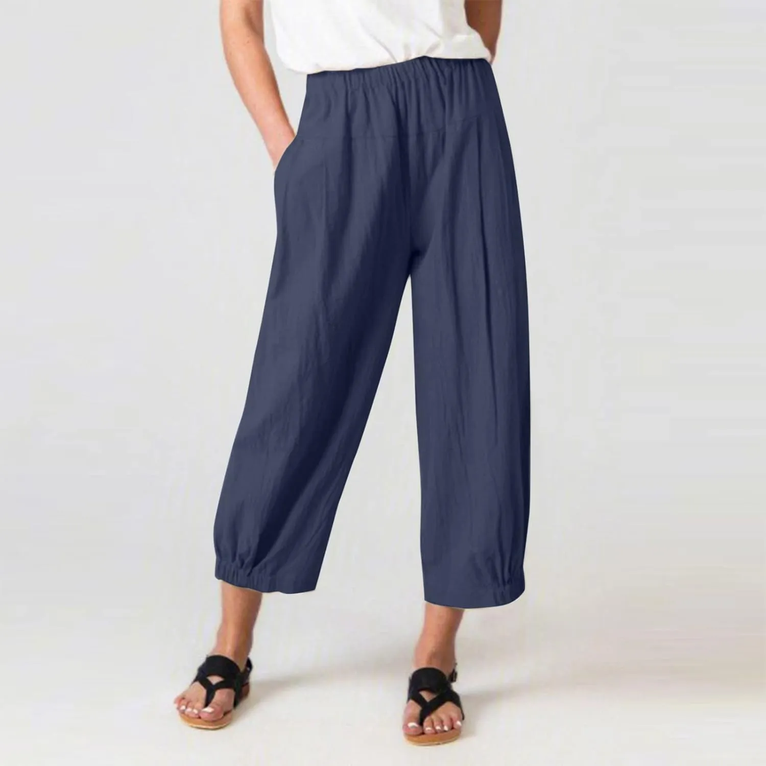Womens Linen Pants Dressy Casual 2024 Summer Elastic Waist Lounge Trousers Beach Vacation Cropped Pant Outfits