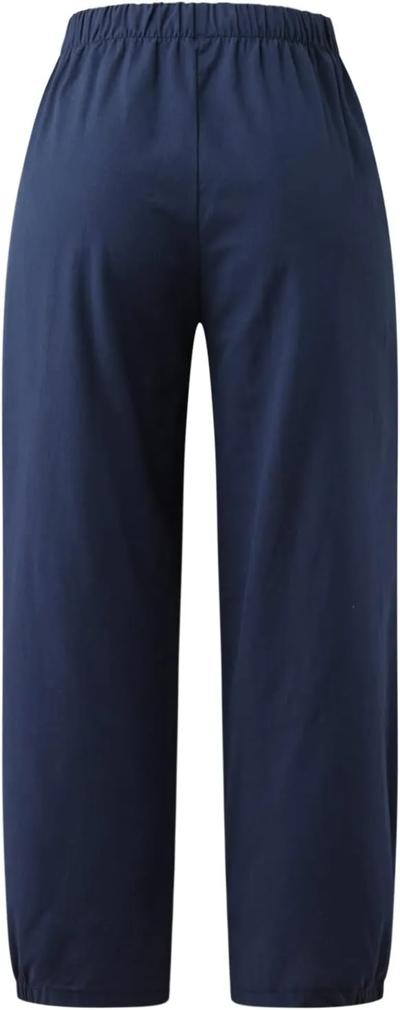Womens Linen Pants Dressy Casual 2024 Summer Elastic Waist Lounge Trousers Beach Vacation Cropped Pant Outfits