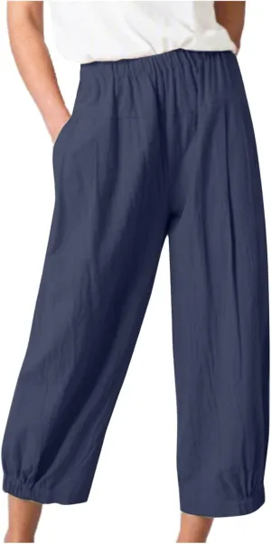 Womens Linen Pants Dressy Casual 2024 Summer Elastic Waist Lounge Trousers Beach Vacation Cropped Pant Outfits
