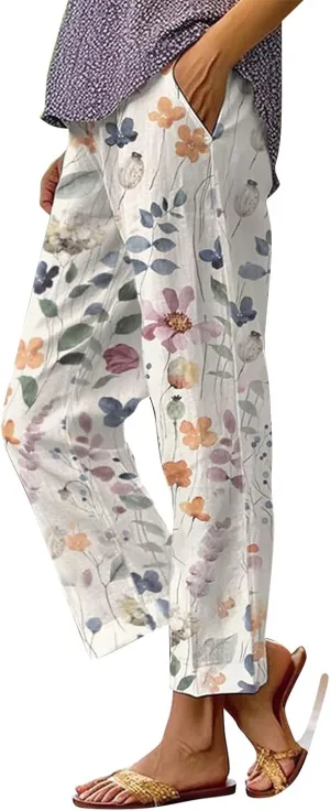 Womens Linen Pants Elastic Waist Boho Floral Pants Straight Casual Loose Summer Beach Baggy Trousers with Pockets