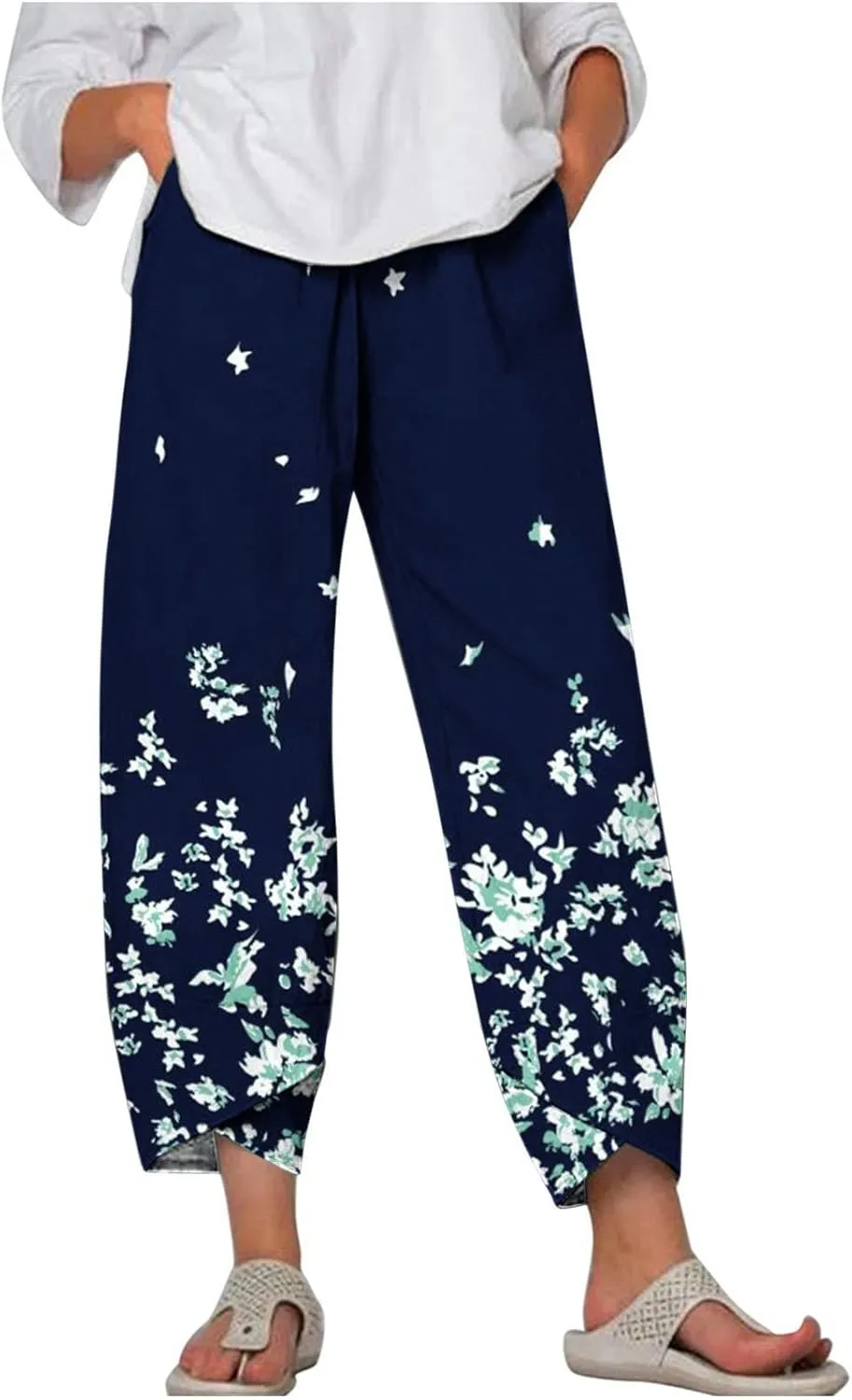 Womens Linen Pants Floral Elastic Waist Tulip Hem Harem Lounge Pants Summer Casual High Waist Wide Leg Trousers