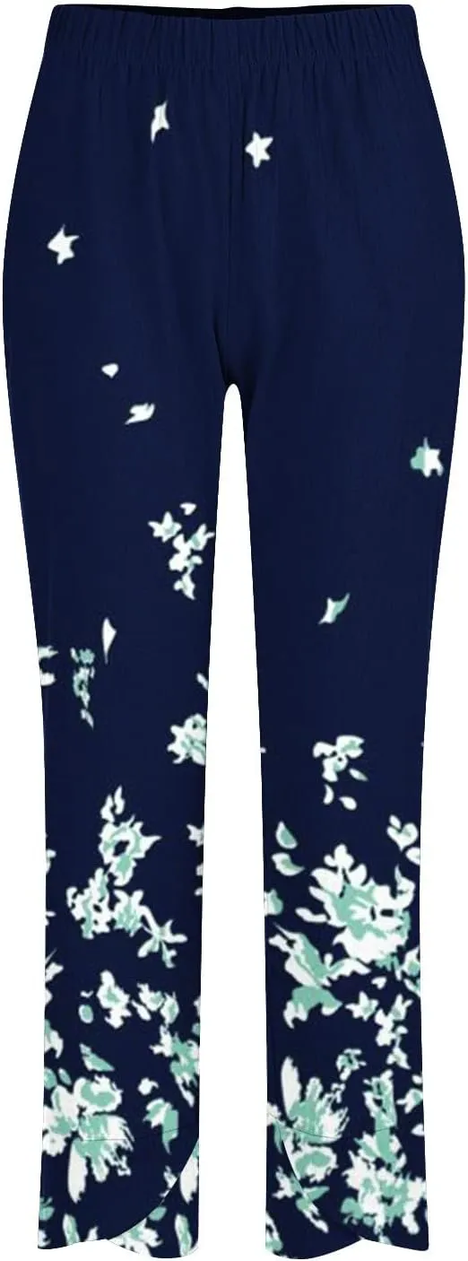 Womens Linen Pants Floral Elastic Waist Tulip Hem Harem Lounge Pants Summer Casual High Waist Wide Leg Trousers