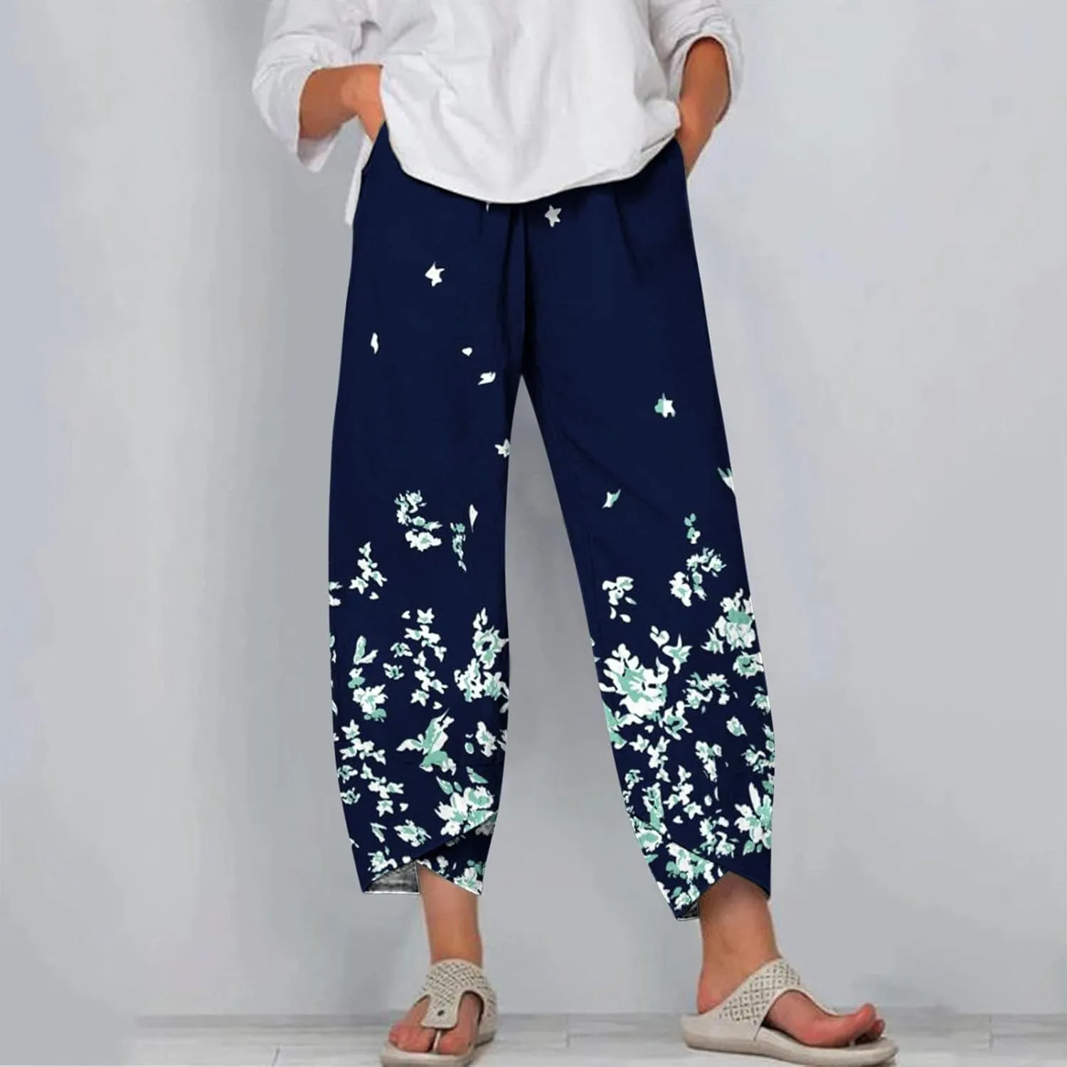 Womens Linen Pants Floral Elastic Waist Tulip Hem Harem Lounge Pants Summer Casual High Waist Wide Leg Trousers