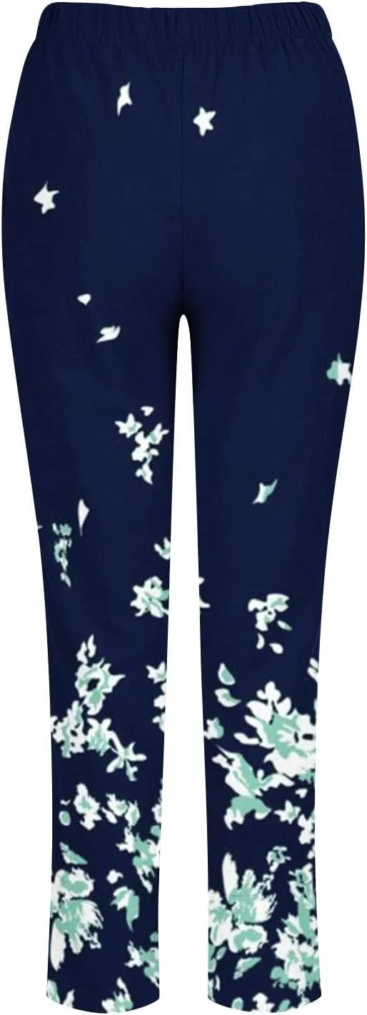 Womens Linen Pants Floral Elastic Waist Tulip Hem Harem Lounge Pants Summer Casual High Waist Wide Leg Trousers