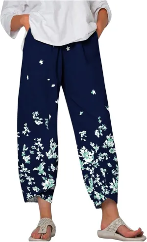 Womens Linen Pants Floral Elastic Waist Tulip Hem Harem Lounge Pants Summer Casual High Waist Wide Leg Trousers