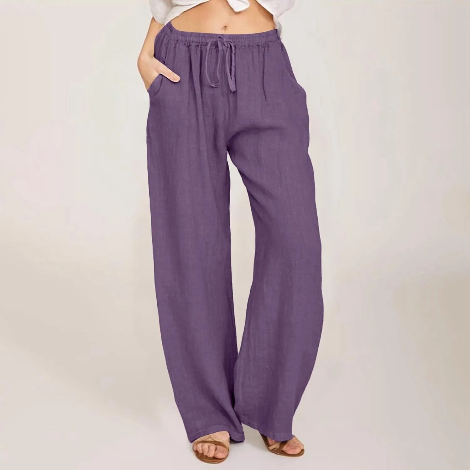 Women's Linen Pants Summer Lightweight Wide Leg Pants Drawstring Trousers Casual Travel Beach Pants with Pockets