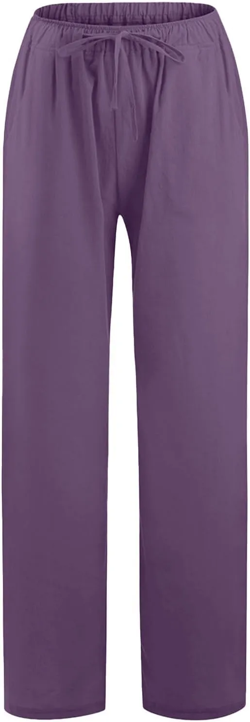 Women's Linen Pants Summer Lightweight Wide Leg Pants Drawstring Trousers Casual Travel Beach Pants with Pockets