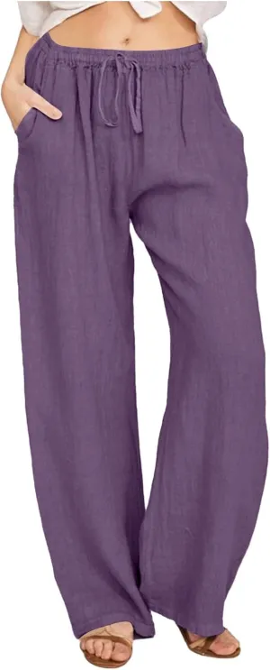 Women's Linen Pants Summer Lightweight Wide Leg Pants Drawstring Trousers Casual Travel Beach Pants with Pockets