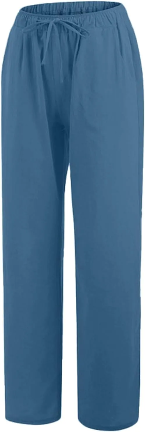 Women's Linen Pants Summer Lightweight Wide Leg Pants Drawstring Trousers Casual Travel Beach Pants with Pockets