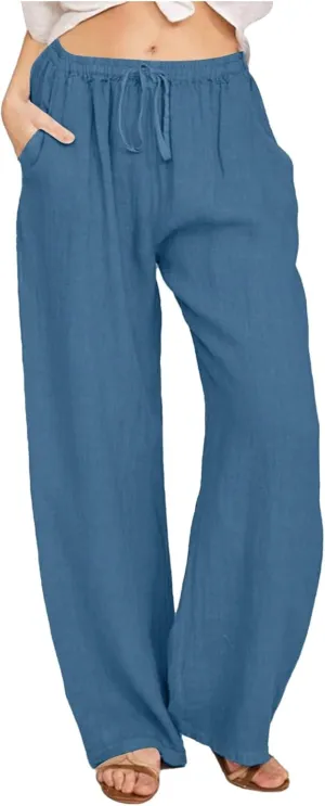 Women's Linen Pants Summer Lightweight Wide Leg Pants Drawstring Trousers Casual Travel Beach Pants with Pockets