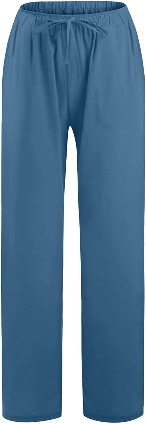Women's Linen Pants Summer Lightweight Wide Leg Pants Drawstring Trousers Casual Travel Beach Pants with Pockets