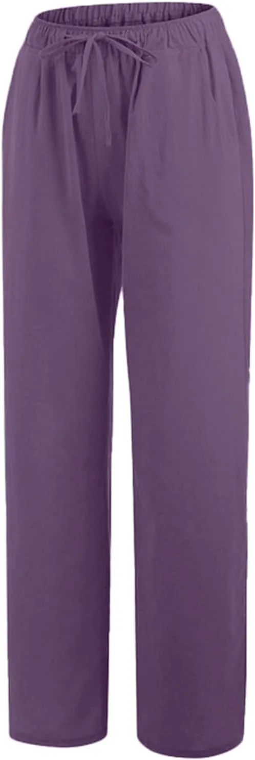 Women's Linen Pants Summer Lightweight Wide Leg Pants Drawstring Trousers Casual Travel Beach Pants with Pockets