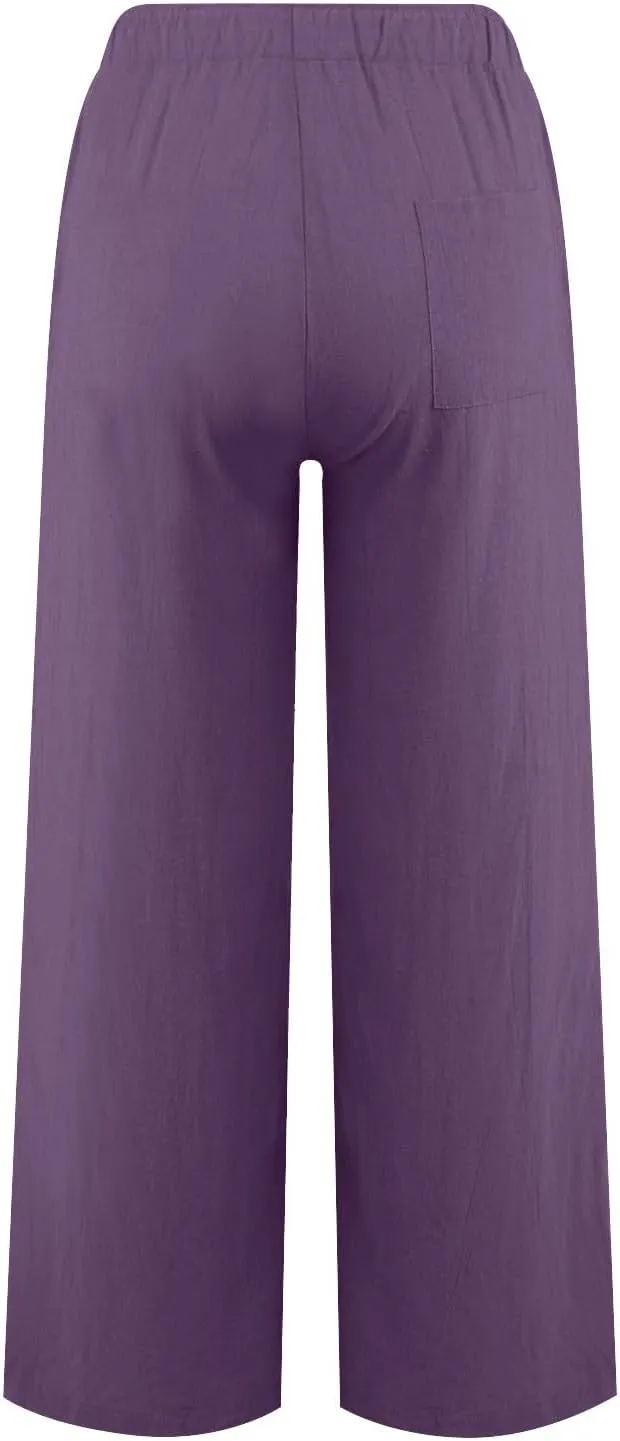 Women's Linen Pants Summer Lightweight Wide Leg Pants Drawstring Trousers Casual Travel Beach Pants with Pockets