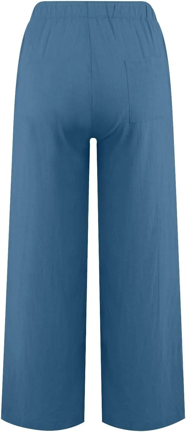 Women's Linen Pants Summer Lightweight Wide Leg Pants Drawstring Trousers Casual Travel Beach Pants with Pockets