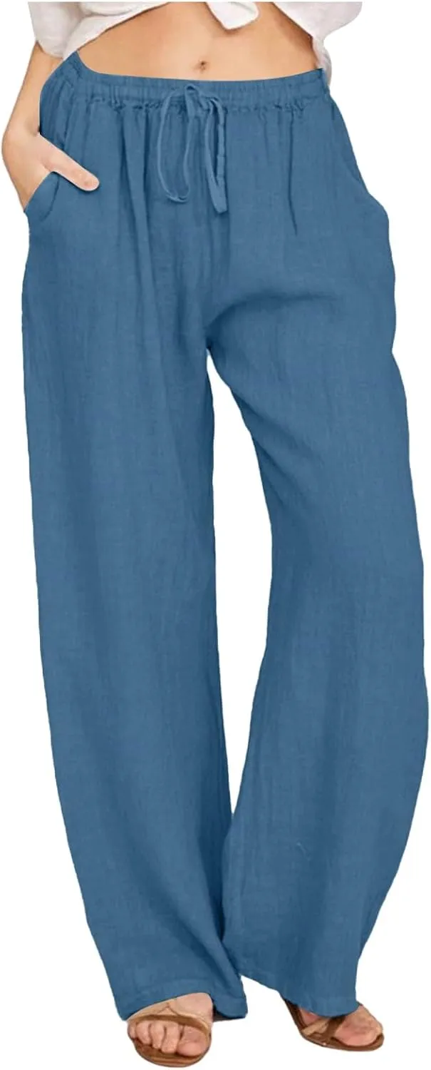 Women's Linen Pants Summer Lightweight Wide Leg Pants Drawstring Trousers Casual Travel Beach Pants with Pockets