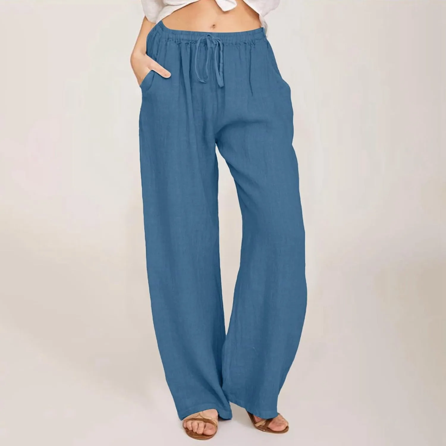 Women's Linen Pants Summer Lightweight Wide Leg Pants Drawstring Trousers Casual Travel Beach Pants with Pockets
