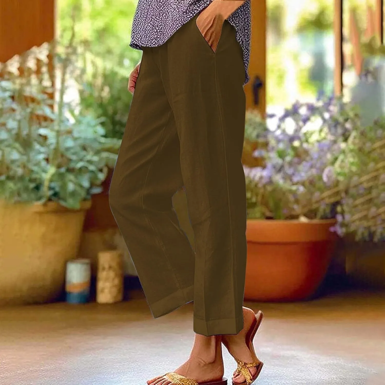 Women's Linen Striped Design Pants Summer Baggy Elastic Waist Straight Leg Casual Beach Trousers with Pockets