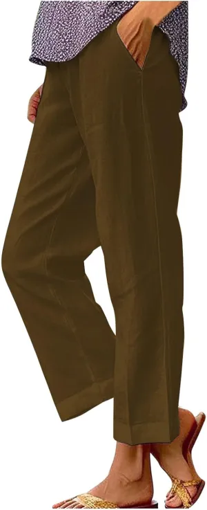 Women's Linen Striped Design Pants Summer Baggy Elastic Waist Straight Leg Casual Beach Trousers with Pockets
