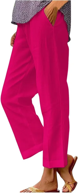 Women's Linen Striped Design Pants Summer Baggy Elastic Waist Straight Leg Casual Beach Trousers with Pockets