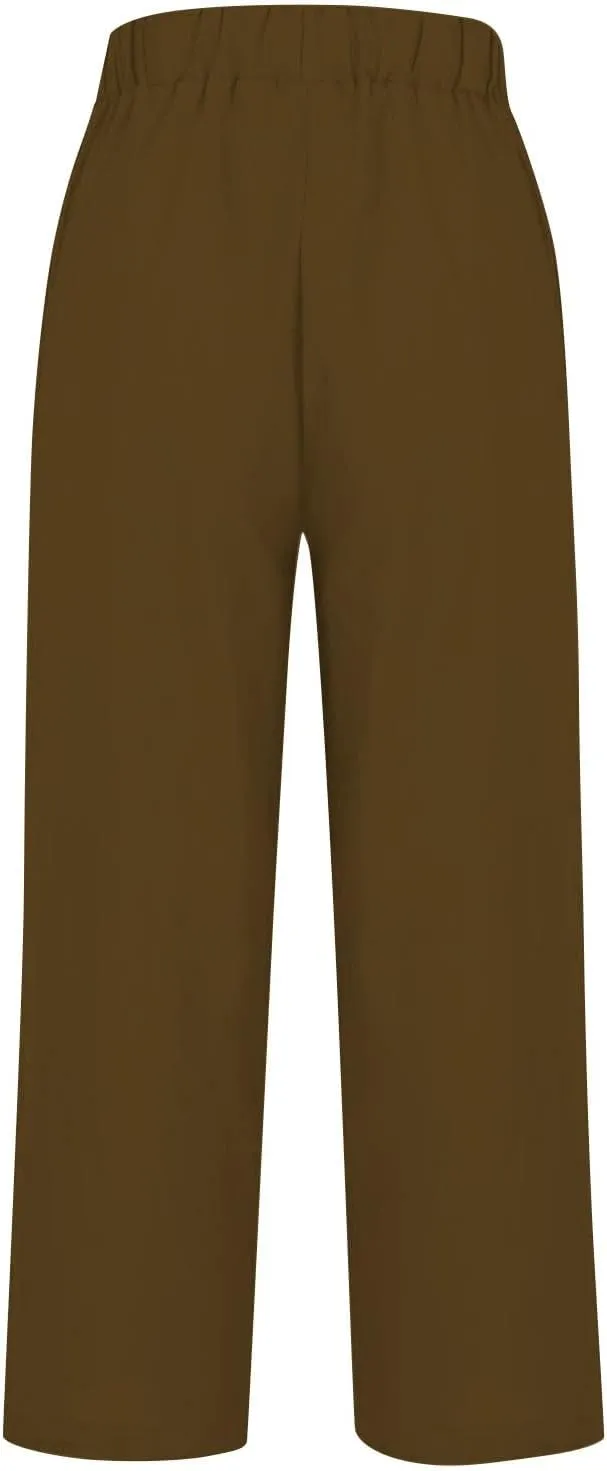 Women's Linen Striped Design Pants Summer Baggy Elastic Waist Straight Leg Casual Beach Trousers with Pockets