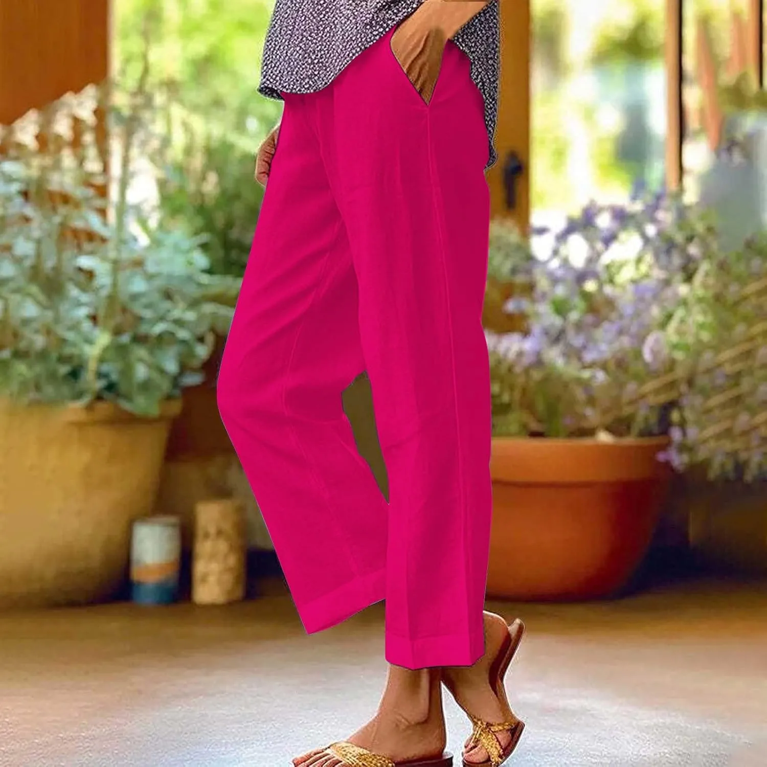 Women's Linen Striped Design Pants Summer Baggy Elastic Waist Straight Leg Casual Beach Trousers with Pockets