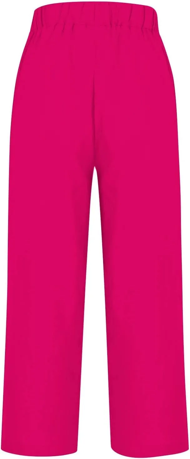 Women's Linen Striped Design Pants Summer Baggy Elastic Waist Straight Leg Casual Beach Trousers with Pockets
