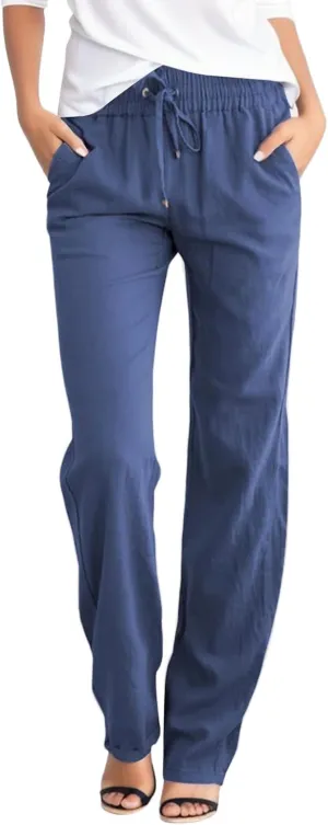 Womens Linen Summer Loose Pants High Waist Ankle Length Slim-Fit Trousers Work Business