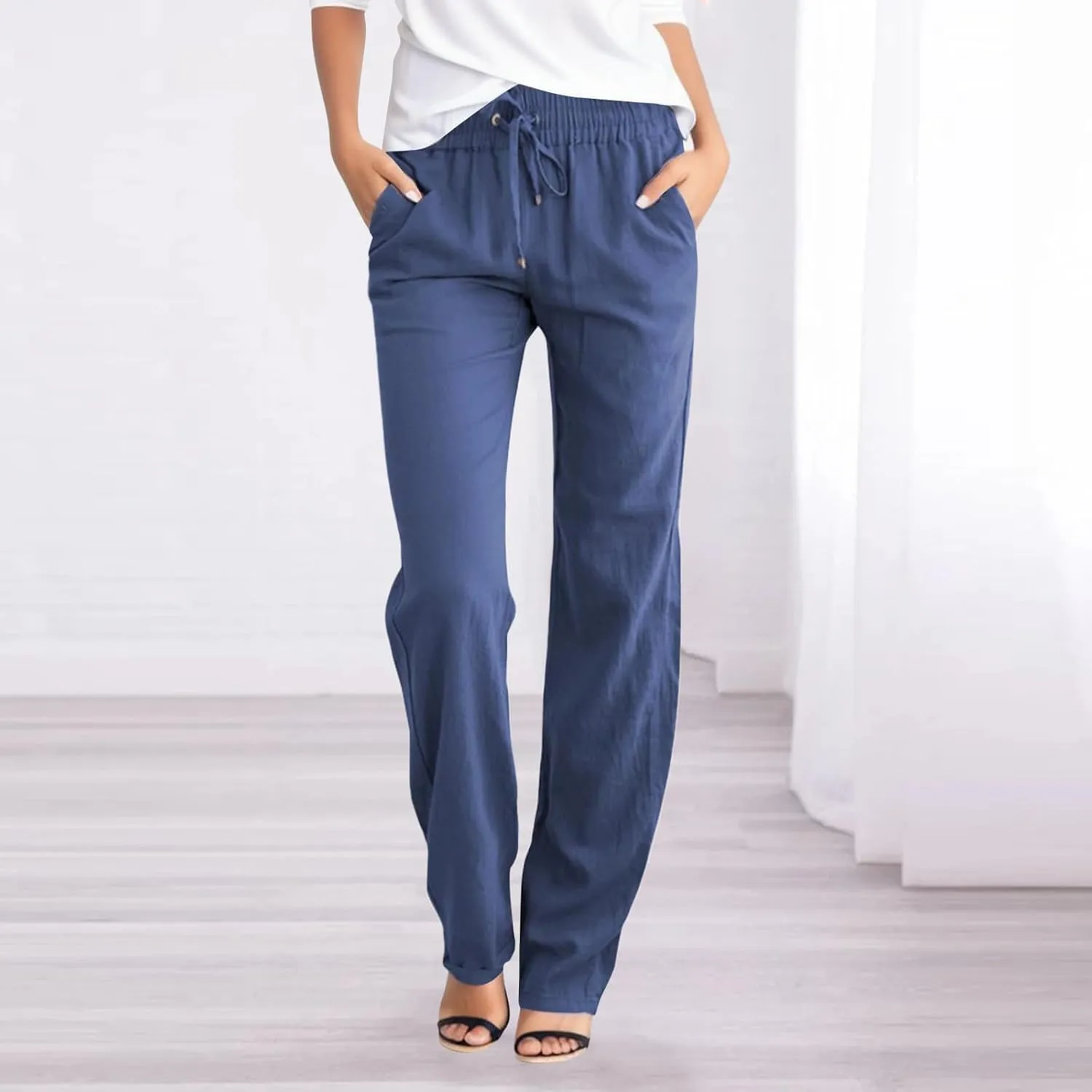 Womens Linen Summer Loose Pants High Waist Ankle Length Slim-Fit Trousers Work Business
