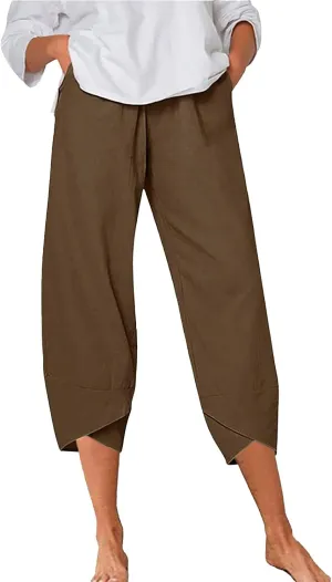 Women's Linen Summer Printed Pant Trousers Low Waist Wide Leg Plus Size Palazzo Pants Travel