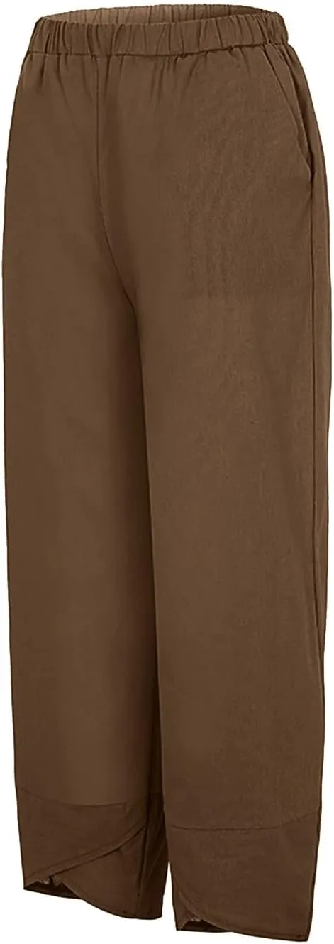 Women's Linen Summer Printed Pant Trousers Low Waist Wide Leg Plus Size Palazzo Pants Travel