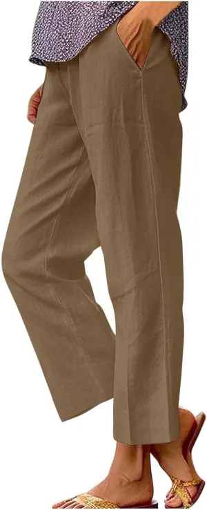 Women's Linen Summer Tie Knot Palazzo Lounge Pants High Waist Ankle Length Slim Fit Pant Trousers Office
