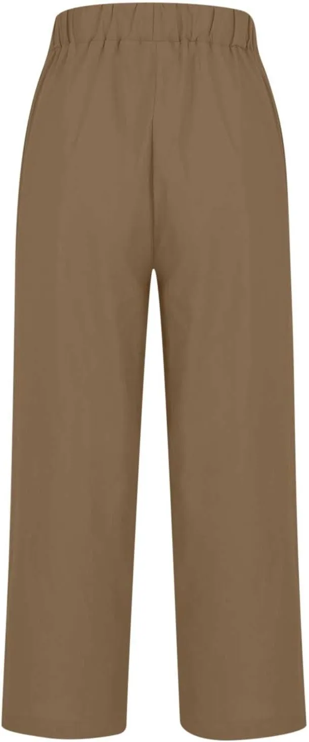 Women's Linen Summer Tie Knot Palazzo Lounge Pants High Waist Ankle Length Slim Fit Pant Trousers Office