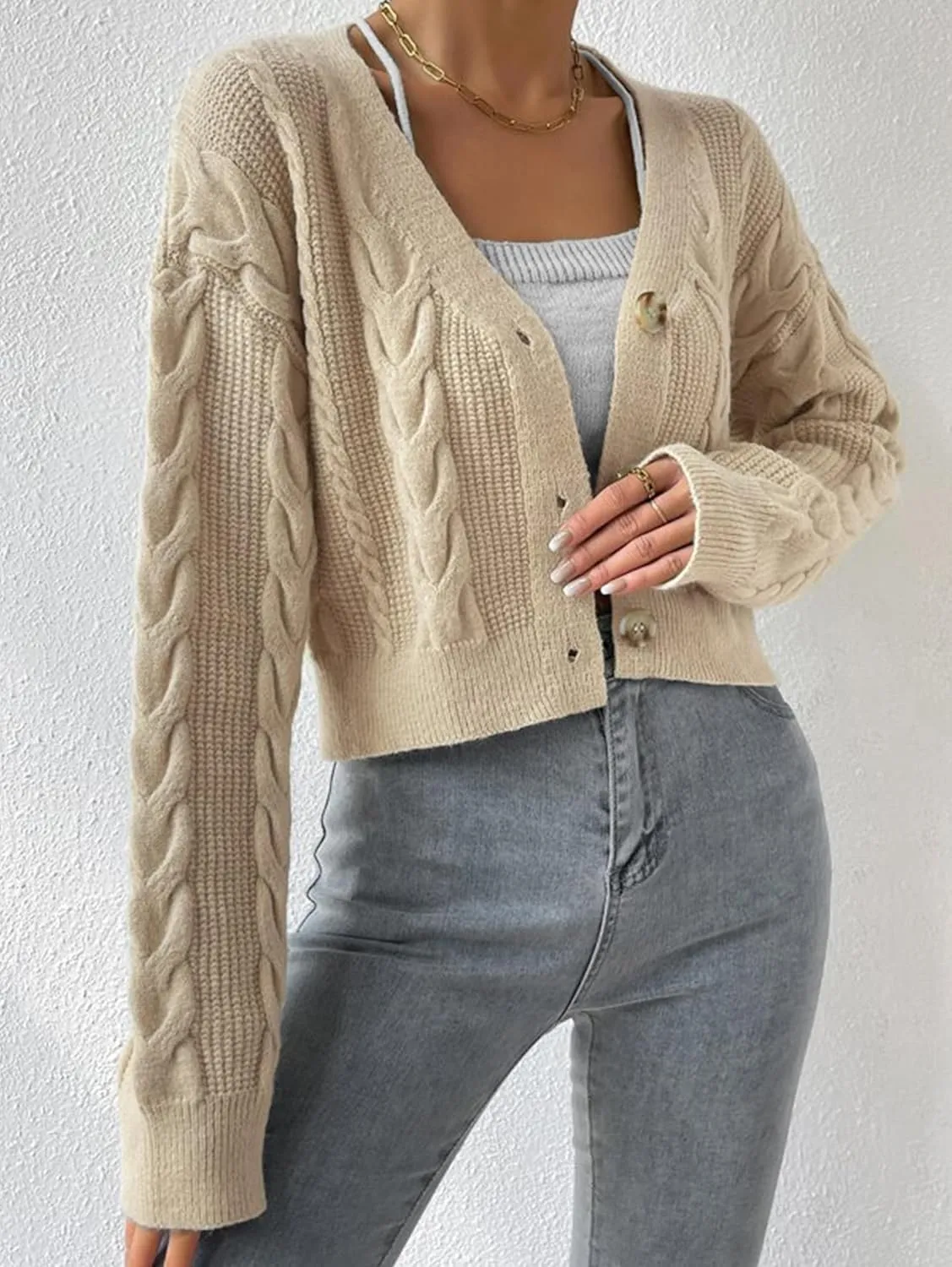 Women's Long Sleeve Button V Neck Soft Knit Cardigan Sweaters Cropped Cardigan Sweaters for Women Cute Cable Knit Outerwear