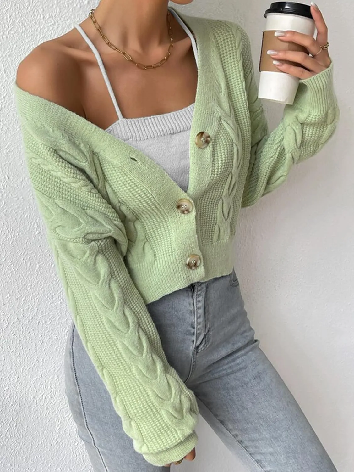 Women's Long Sleeve Button V Neck Soft Knit Cardigan Sweaters Cropped Cardigan Sweaters for Women Cute Cable Knit Outerwear