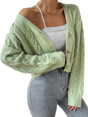 Women's Long Sleeve Button V Neck Soft Knit Cardigan Sweaters Cropped Cardigan Sweaters for Women Cute Cable Knit Outerwear