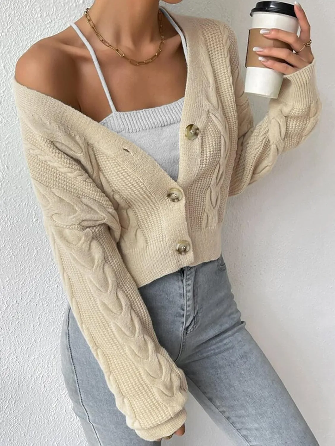 Women's Long Sleeve Button V Neck Soft Knit Cardigan Sweaters Cropped Cardigan Sweaters for Women Cute Cable Knit Outerwear