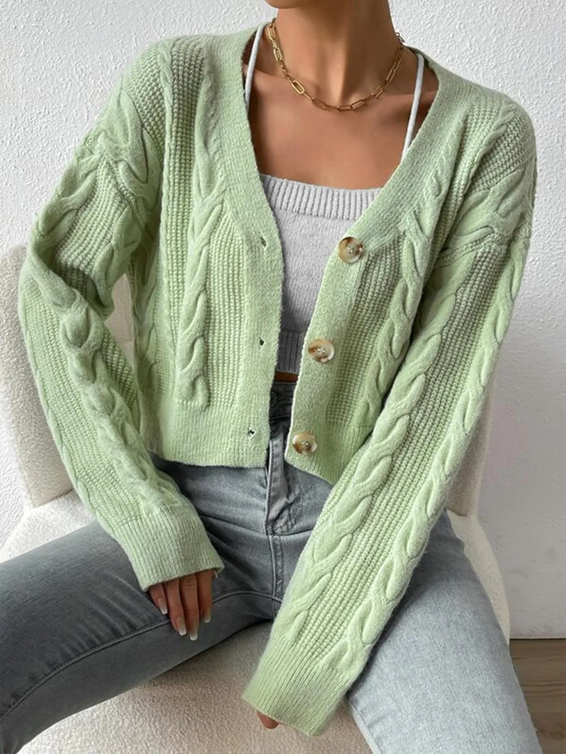 Women's Long Sleeve Button V Neck Soft Knit Cardigan Sweaters Cropped Cardigan Sweaters for Women Cute Cable Knit Outerwear