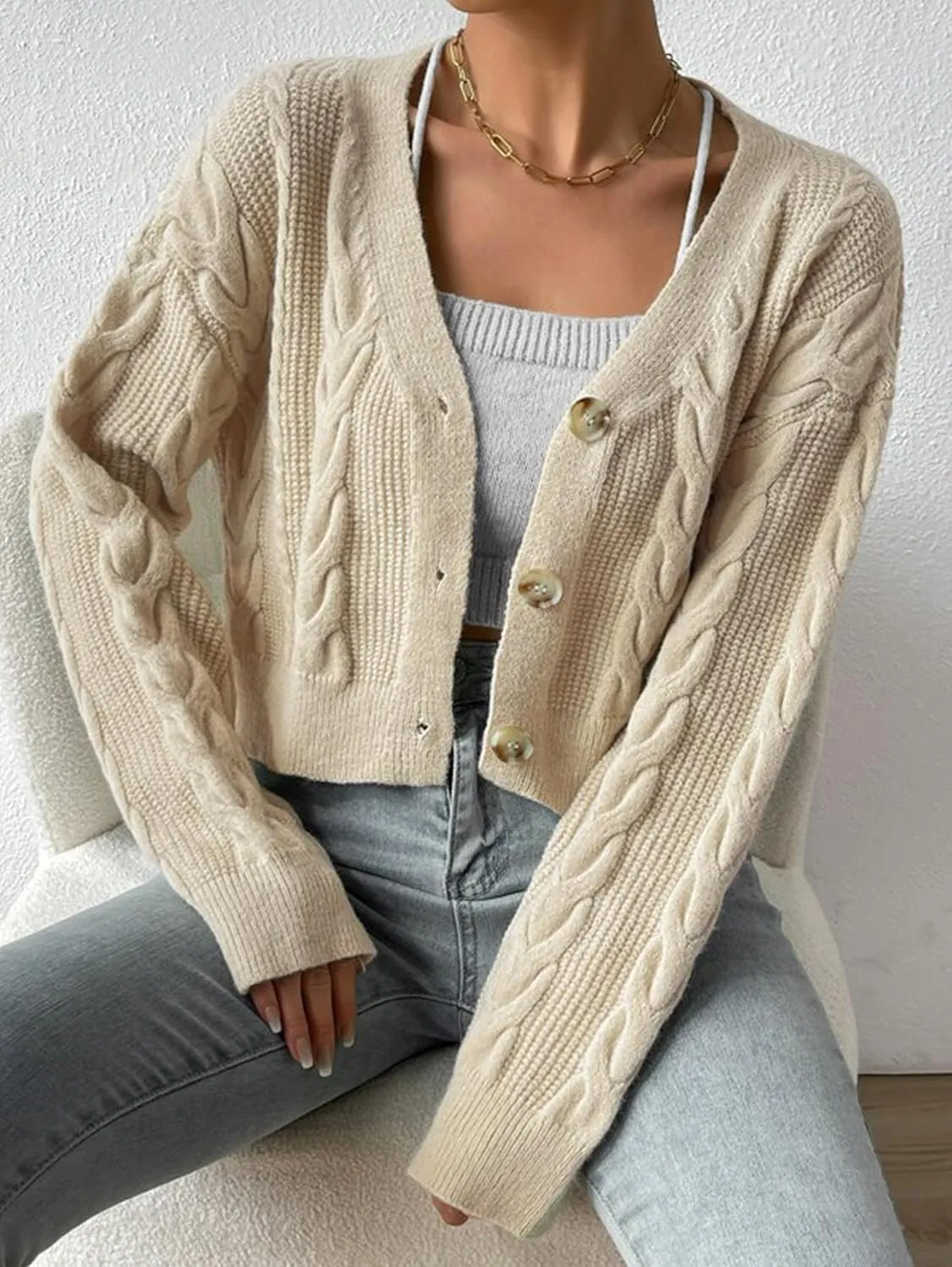 Women's Long Sleeve Button V Neck Soft Knit Cardigan Sweaters Cropped Cardigan Sweaters for Women Cute Cable Knit Outerwear
