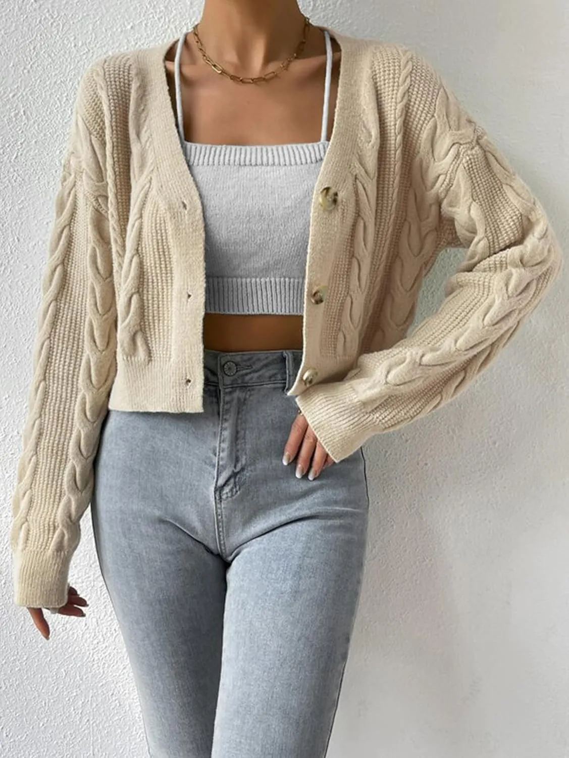 Women's Long Sleeve Button V Neck Soft Knit Cardigan Sweaters Cropped Cardigan Sweaters for Women Cute Cable Knit Outerwear